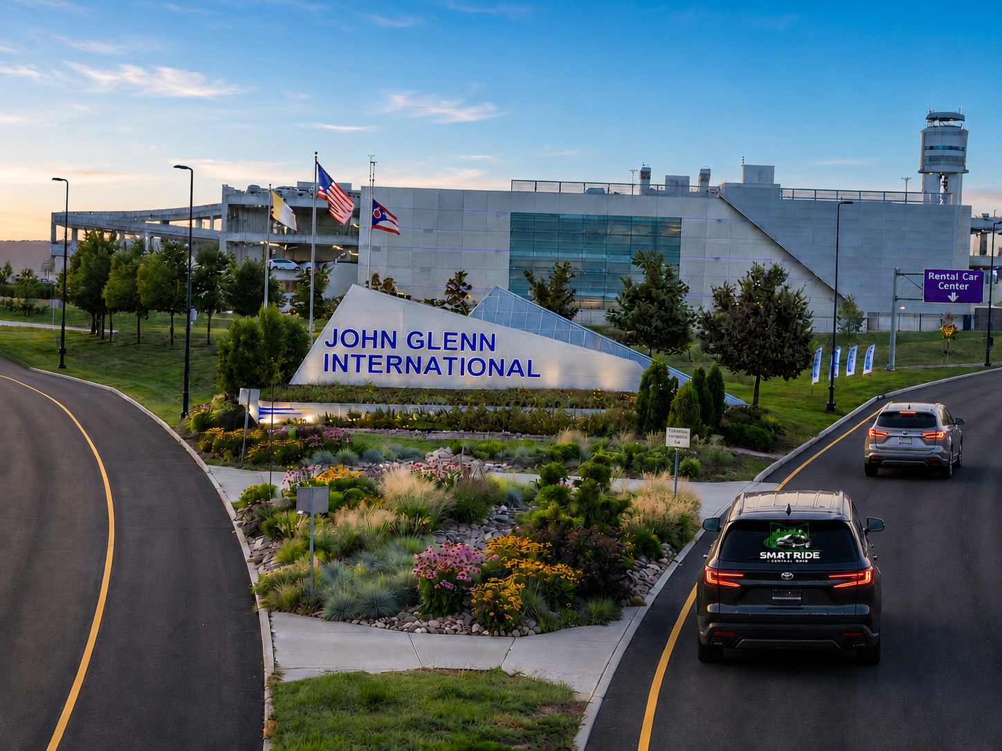 Smart Ride Central Ohio vehicle serving John Glenn Columbus International Airport