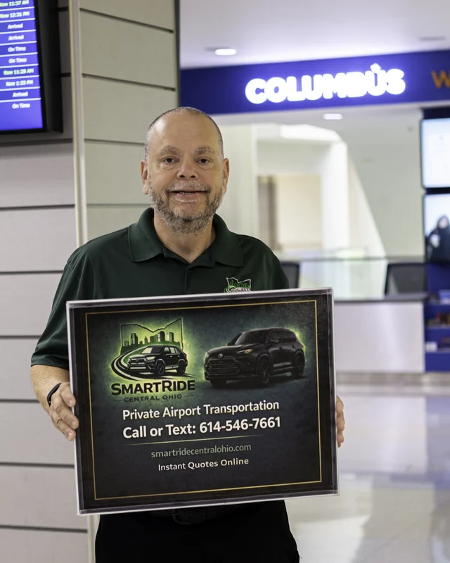 Steve holding a Smart Ride welcome sign at Columbus airport