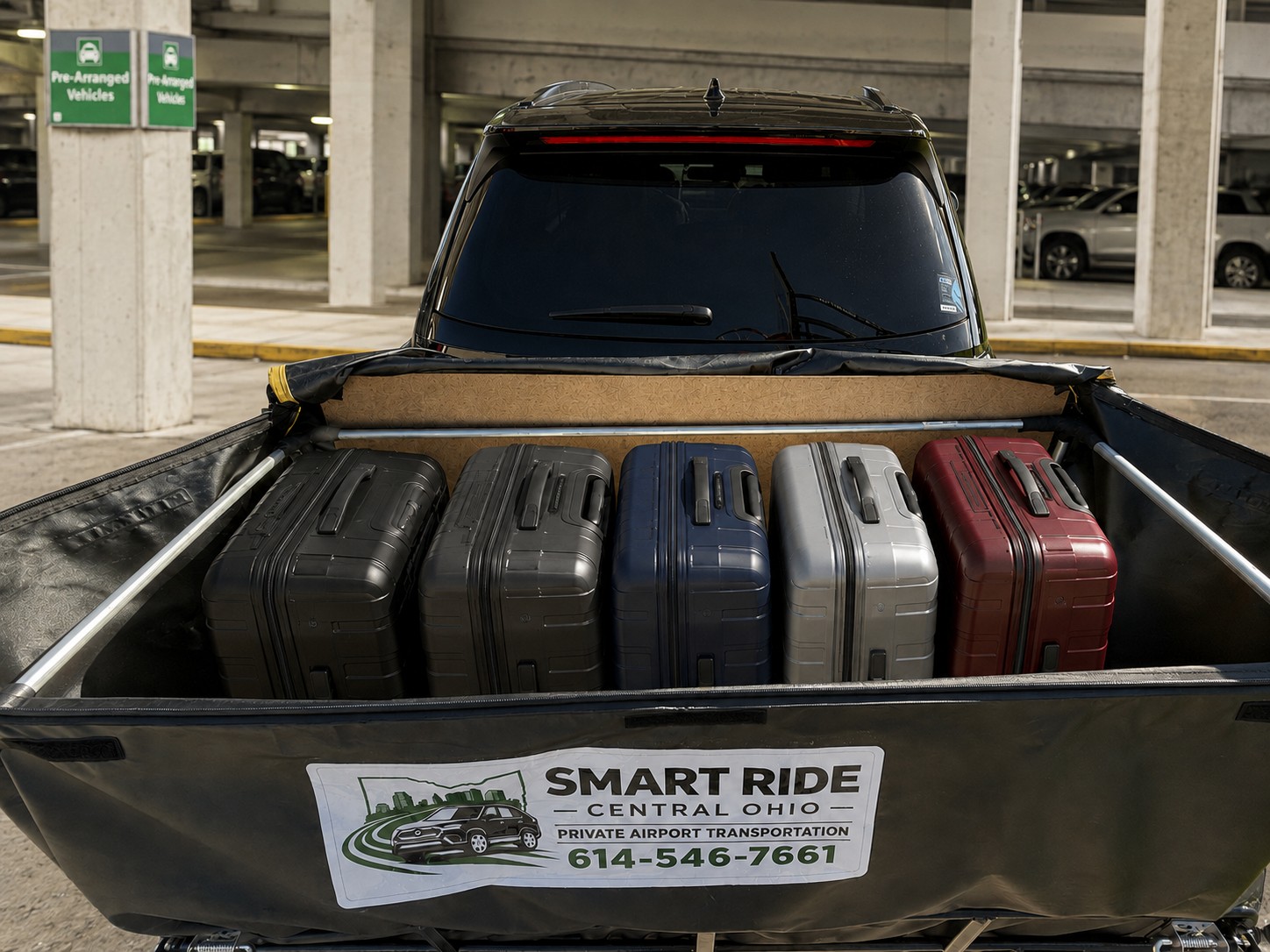 Illustration of the Smart Ride rear cargo carrier open with five upright suitcases at an airport pickup area